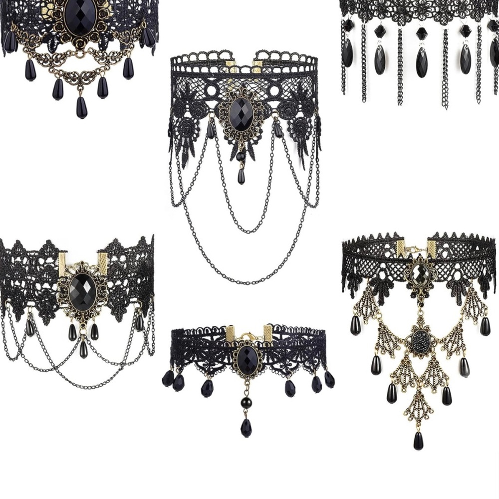 6 Pcs Halloween Gothic Choker Necklace Black Lace  for Women Vintage rose - Picture 4 of 7